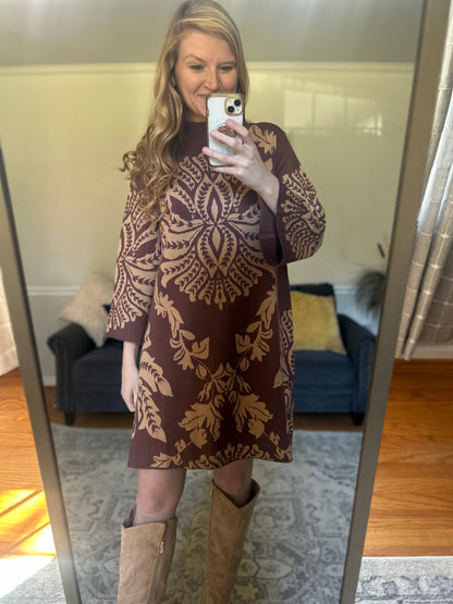 Baroque Bloom Knit Shift Dress in Brown