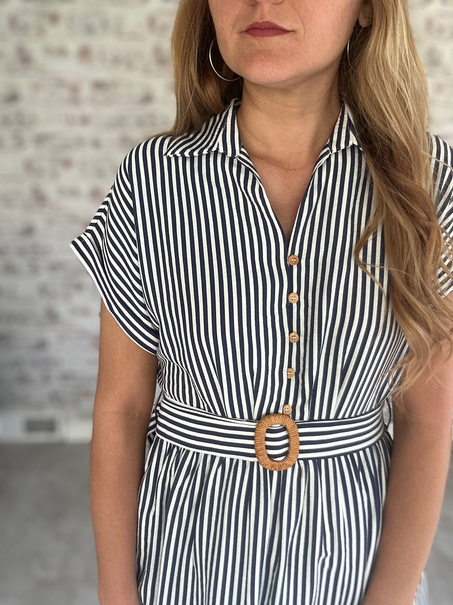 Boardwalk Brunch Striped Mini Dress in Navy