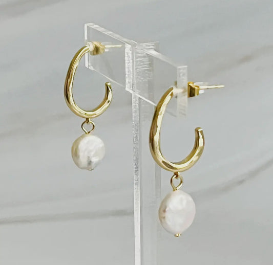 Dangle Pearl Gold Hoop earrings