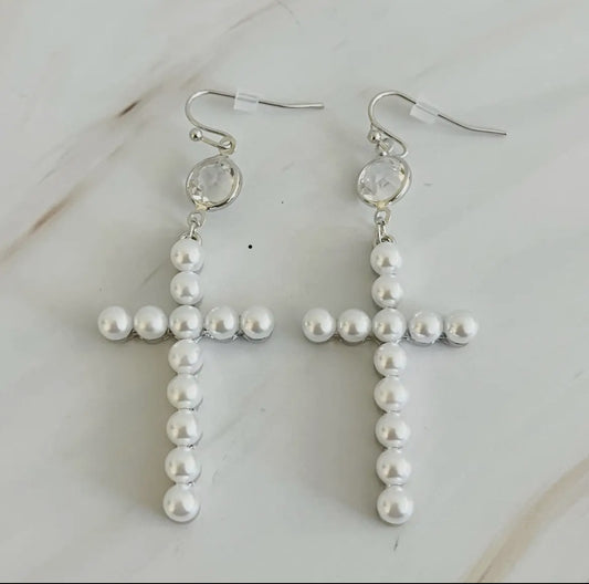 Silver Pearl Cross Dangle Earrings