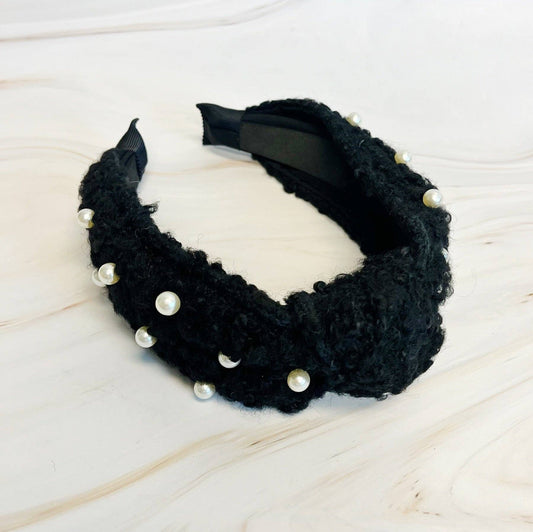 Pearl And Tweed Knotted Headband: Black